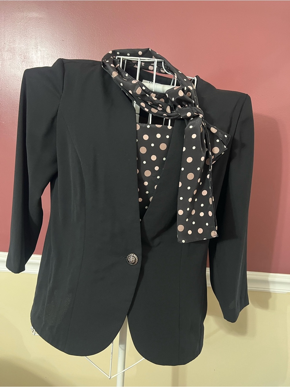 Leslie Fay Black Blazer with Polka Dot Scarf